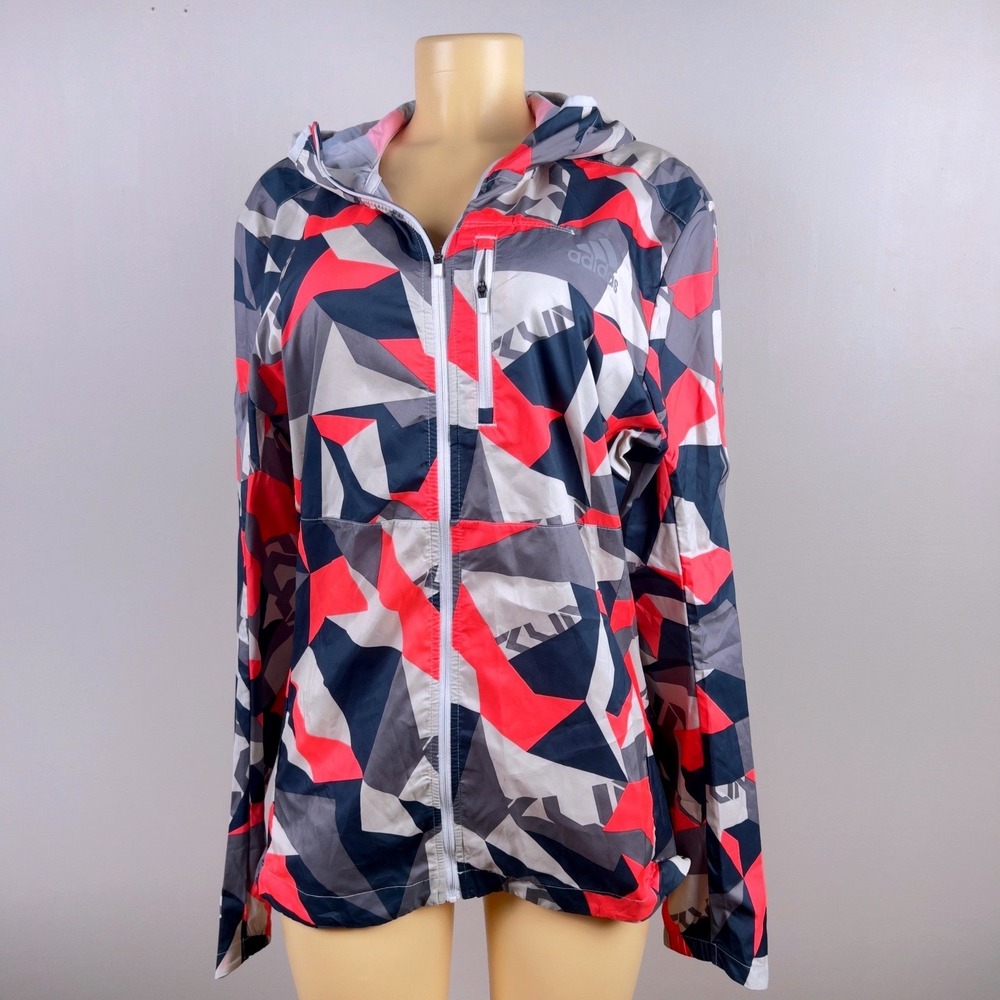 Adidas Windbreaker Jacket L Womens Geometric GC7936 Grey Red Hooded Full Zip Run